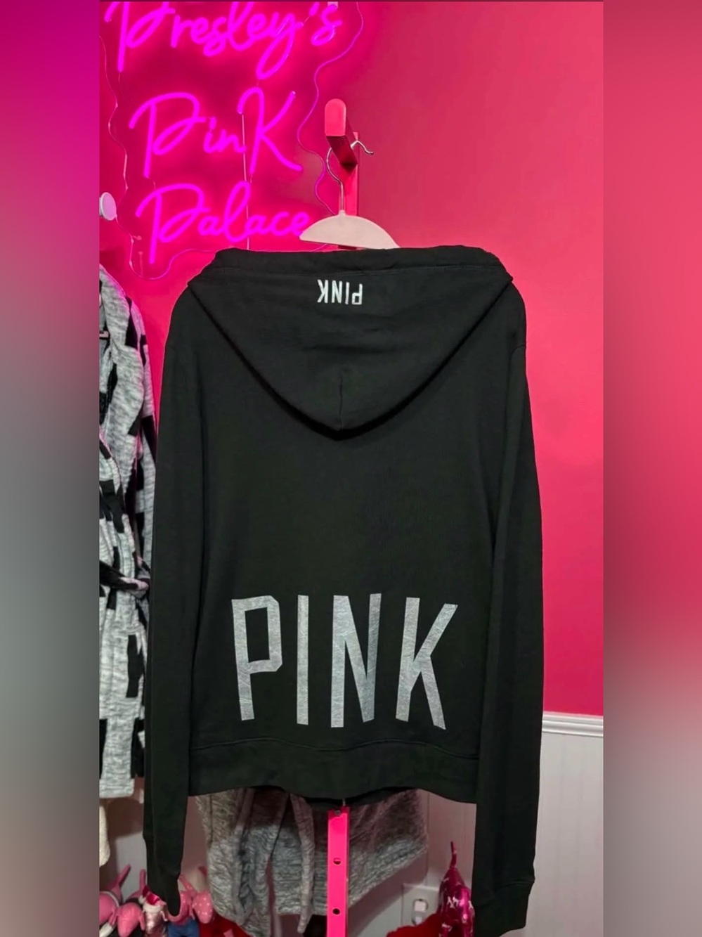 Victoria Secret Pink Sequin Front Black Zip Hoodie - Picture 3 of 5